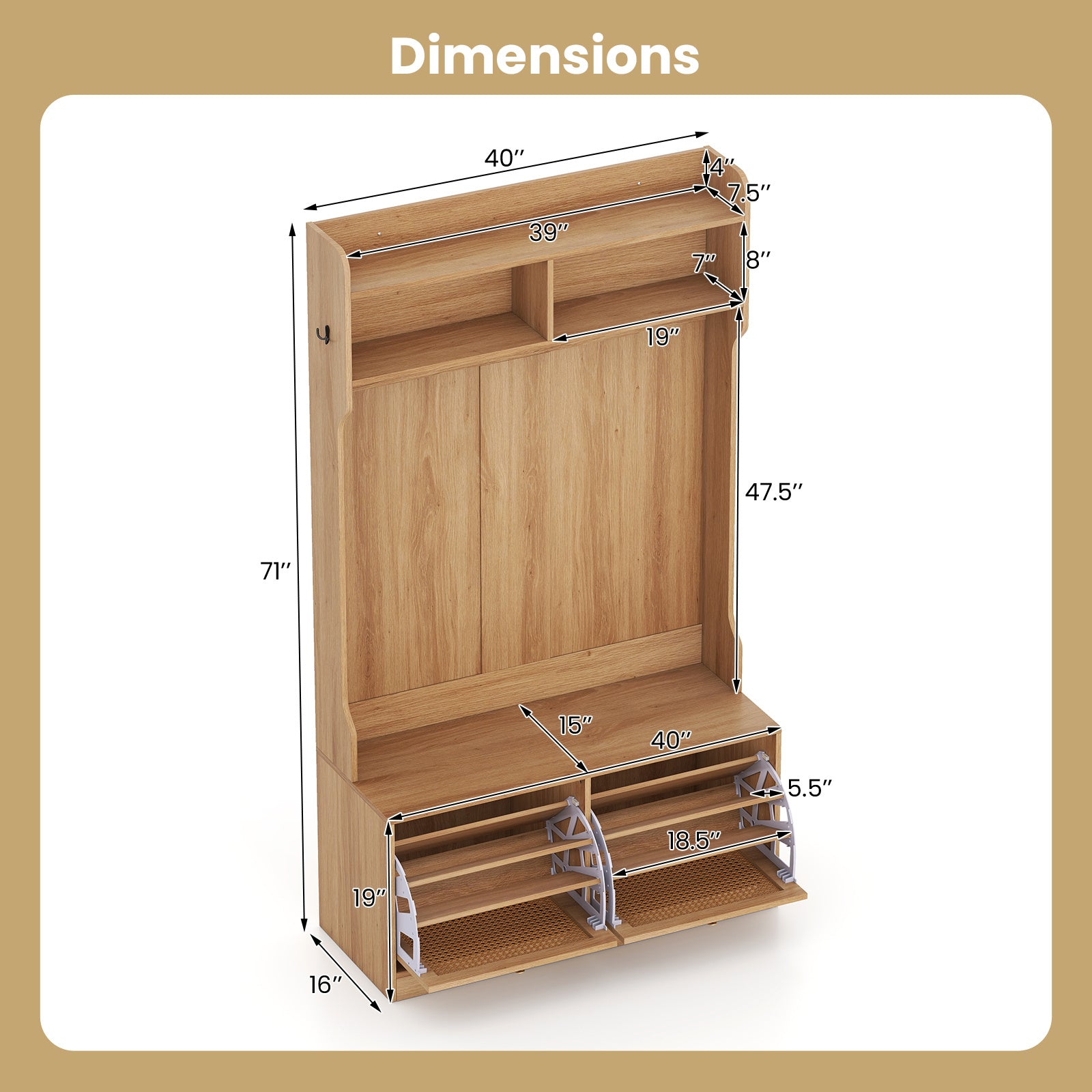 COSTWAY 4-In-1 Hall Tree, Entryway Bench with Coat Rack & Flip Drawers, Farmhouse Storage Organizer with 6 Dual-Hook Hangers & PE Rattan Doors, Ideal for Entryway Living Room Mudroom