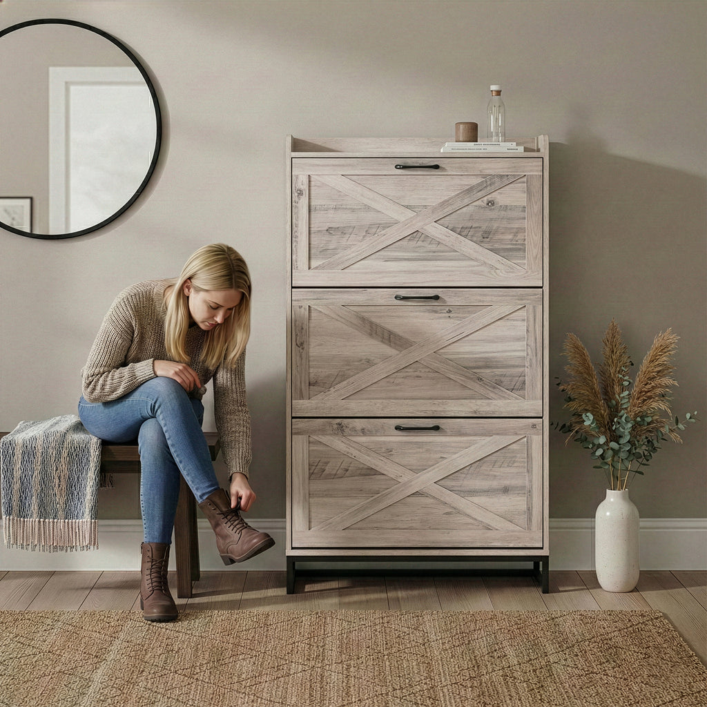 Modern Space-Saving Slim Shoe Cabinet with 3 Flip-Door Drawers & Adjustable Shelves - Heavy-Duty Wood\u002FPlywood -Standing Shoe Storage Organizer Suitable for Entryway, Hallway, Small Spaces, Assembly, Hidden Shoe Rack for