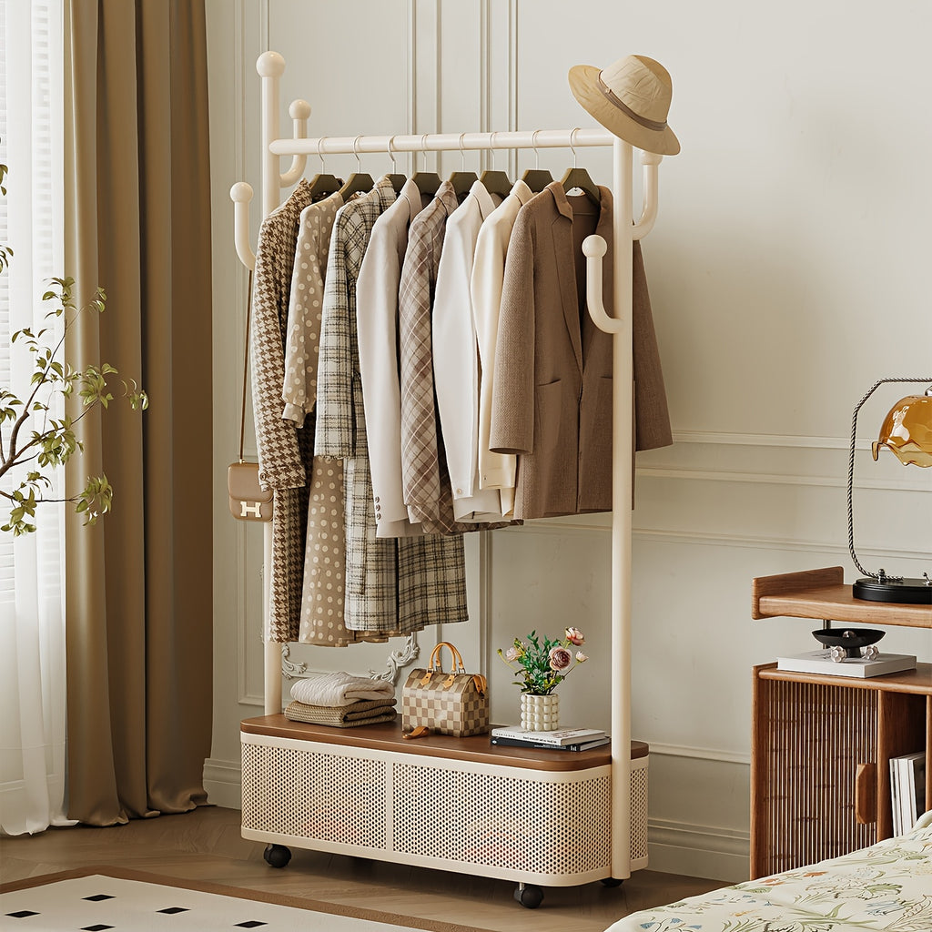 Mobile Coat Rack with Wheels & Bottom Storage Box - Creative Cactus Hook Hanger for Hats, Bags & Coats - Freestanding Rolling Garment Rack for Entryway, Bedroom & Small Spaces (Cream White)