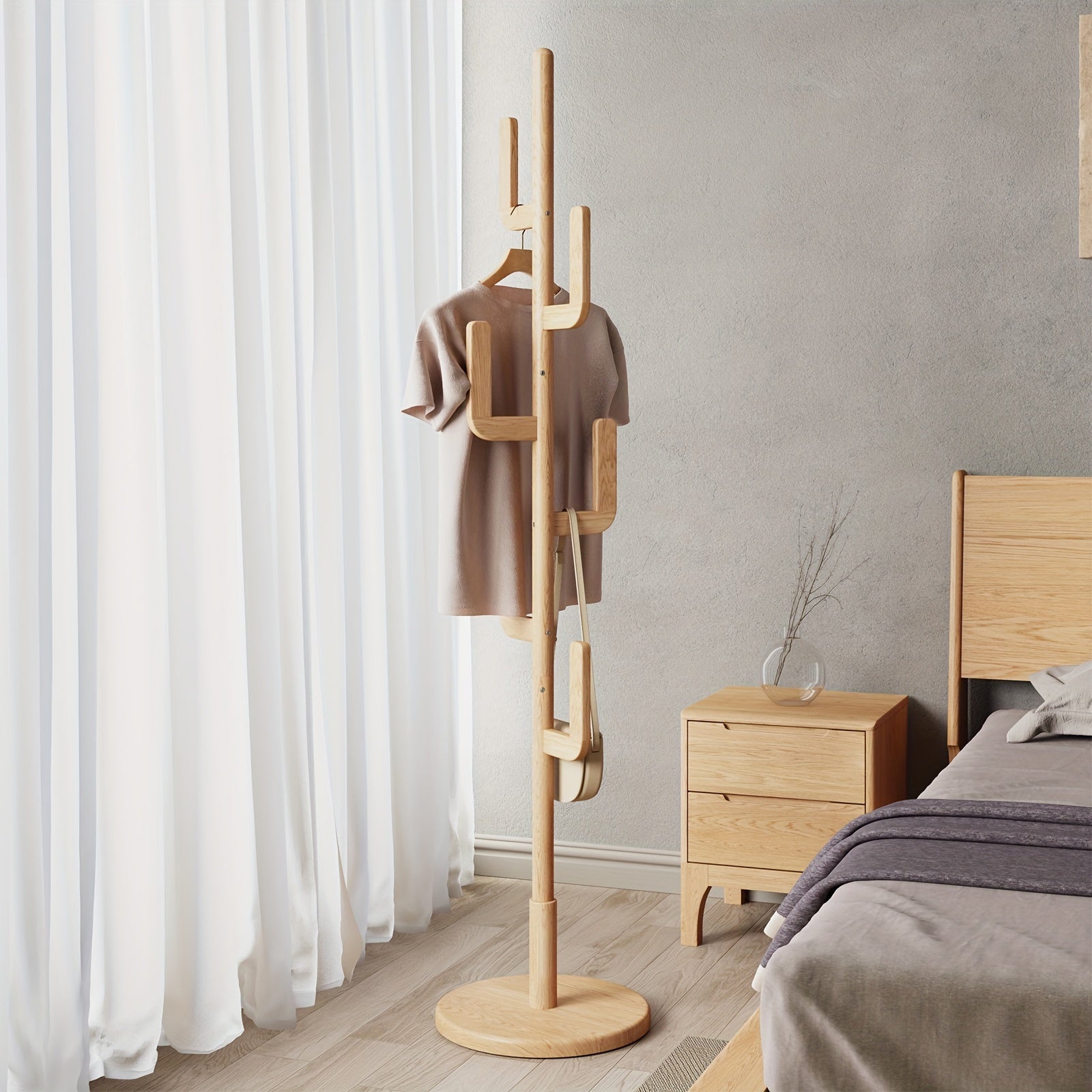 A Coat Stand Made of Solid Wood Shaped Like a Cactus, Featuring Six L-Shaped Hooks And Three Adjustable Heights. This Sturdy And Easy-To-Assemble Coat Tree Is Perfect for Your Entryway Or Bedroom, Ideal for Christmas Gifts And Black Friday Deals