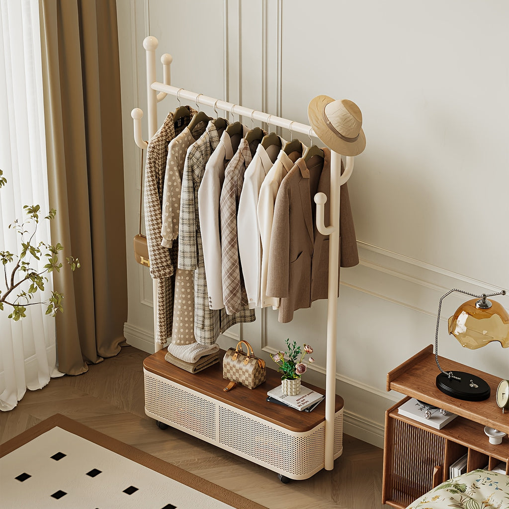 Mobile Coat Rack with Wheels & Bottom Storage Box - Creative Cactus Hook Hanger for Hats, Bags & Coats - Freestanding Rolling Garment Rack for Entryway, Bedroom & Small Spaces (Cream White)
