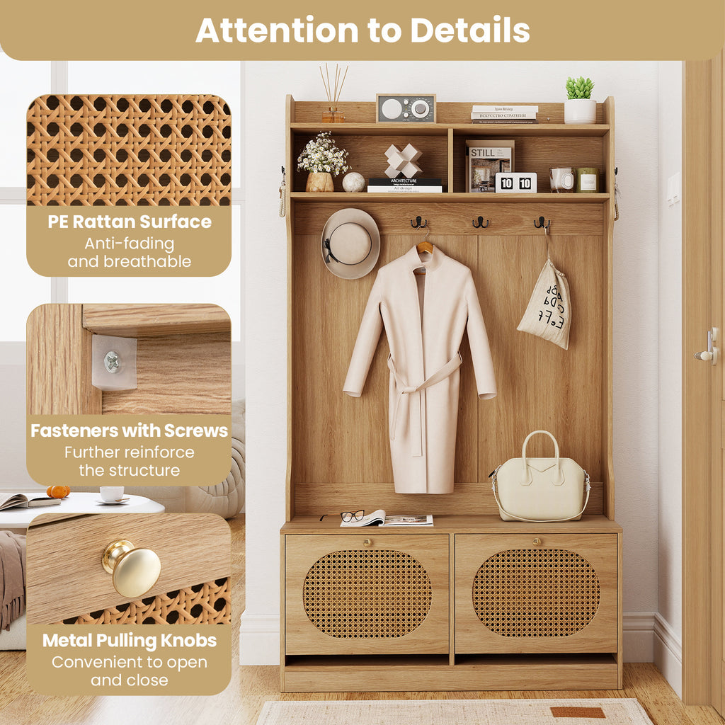 COSTWAY 4-In-1 Hall Tree, Entryway Bench with Coat Rack & Flip Drawers, Farmhouse Storage Organizer with 6 Dual-Hook Hangers & PE Rattan Doors, Ideal for Entryway Living Room Mudroom