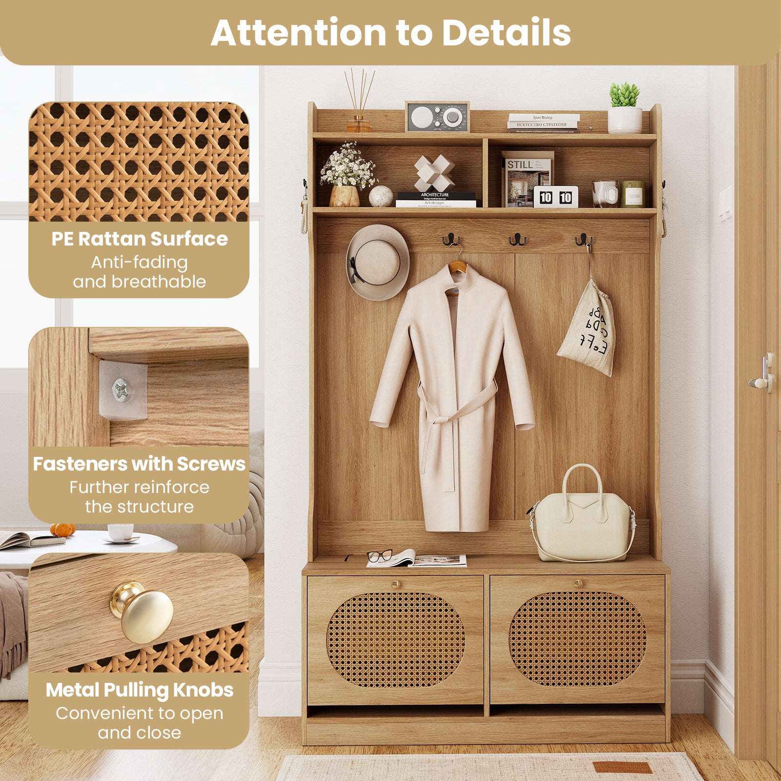 COSTWAY 4-In-1 Hall Tree, Entryway Bench with Coat Rack & Flip Drawers, Farmhouse Storage Organizer with 6 Dual-Hook Hangers & PE Rattan Doors, Ideal for Entryway Living Room Mudroom