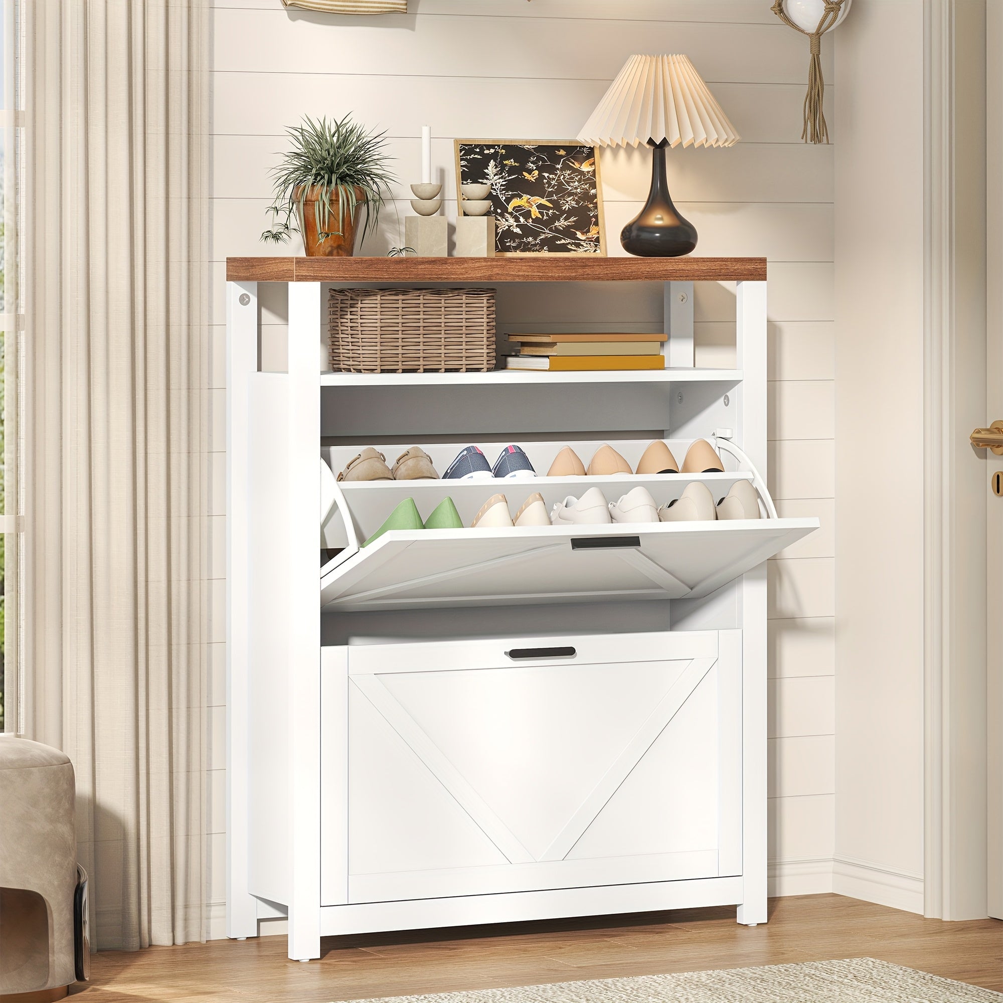 Shoe Cabinet with 2 Flip Drawers, Freestanding Shoe Cabinet Organizer with Metal Legs, Shoes Storage Cabinet for Entryway, Narrow Shoe Rack Cabinet, White