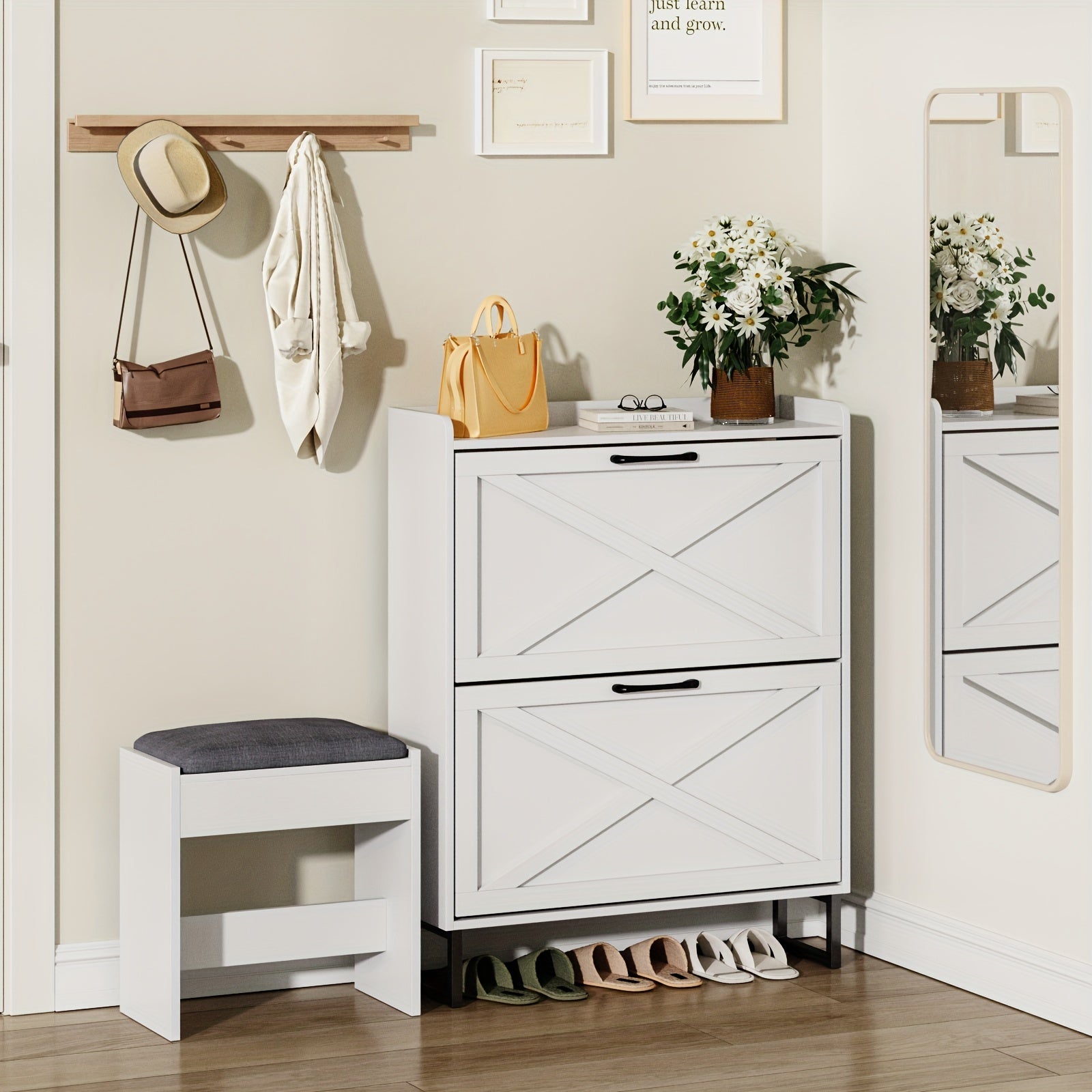 Shoe Storage Cabinet with 2 Flip Drawers, Freestanding Shoe Organizer for 16 Pairs, Narrow Slim Shoe Rack Cabinet for Entryway, Living Room, Hallway
