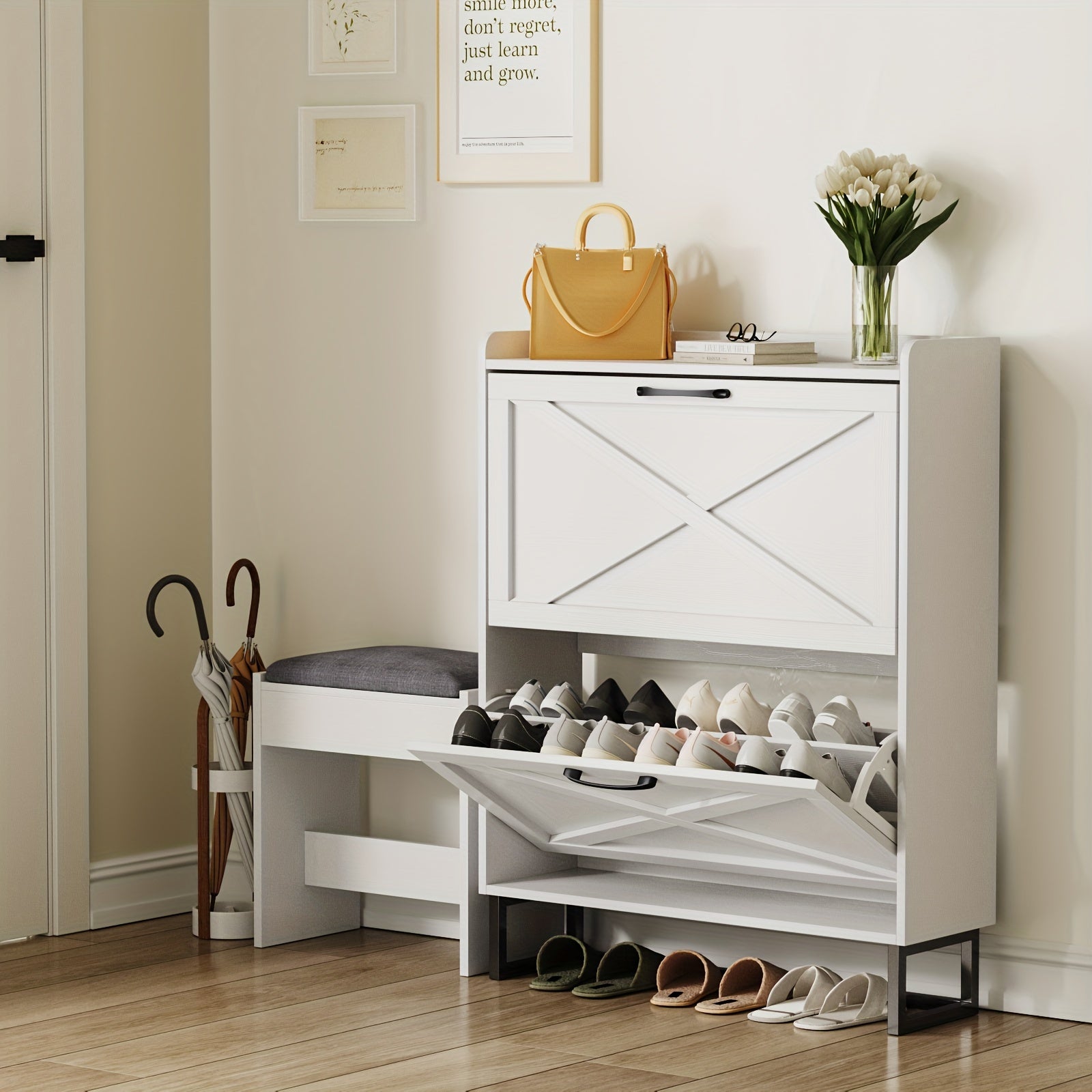 Shoe Storage Cabinet with 2 Flip Drawers, Freestanding Shoe Organizer for 16 Pairs, Narrow Slim Shoe Rack Cabinet for Entryway, Living Room, Hallway