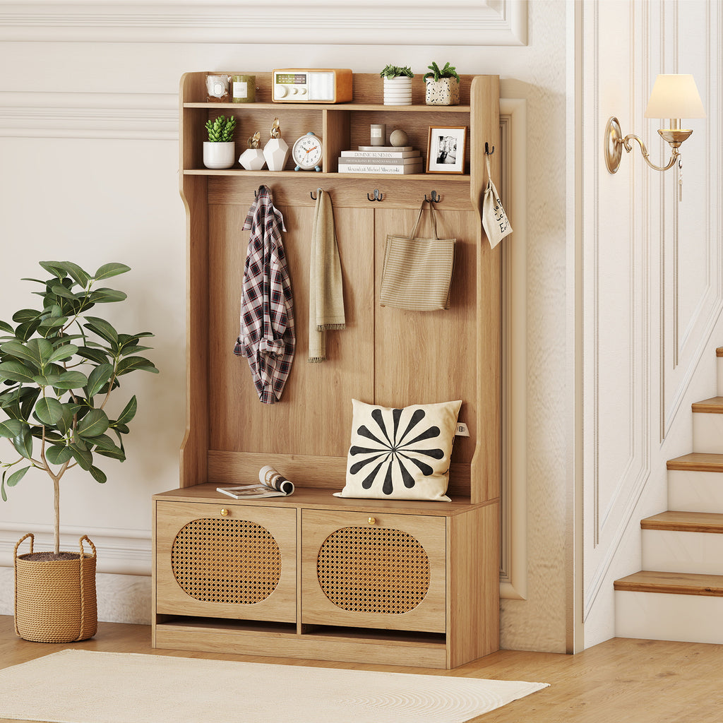 COSTWAY 4-In-1 Hall Tree, Entryway Bench with Coat Rack & Flip Drawers, Farmhouse Storage Organizer with 6 Dual-Hook Hangers & PE Rattan Doors, Ideal for Entryway Living Room Mudroom