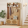 COSTWAY 4-In-1 Hall Tree, Entryway Bench with Coat Rack & Flip Drawers, Farmhouse Storage Organizer with 6 Dual-Hook Hangers & PE Rattan Doors, Ideal for Entryway Living Room Mudroom
