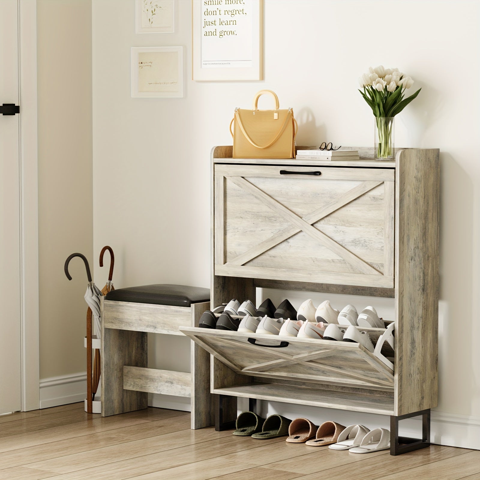 Shoe Storage Cabinet with 2 Flip Drawers, Freestanding Shoe Organizer for 16 Pairs, Narrow Slim Shoe Rack Cabinet for Entryway, Living Room, Hallway