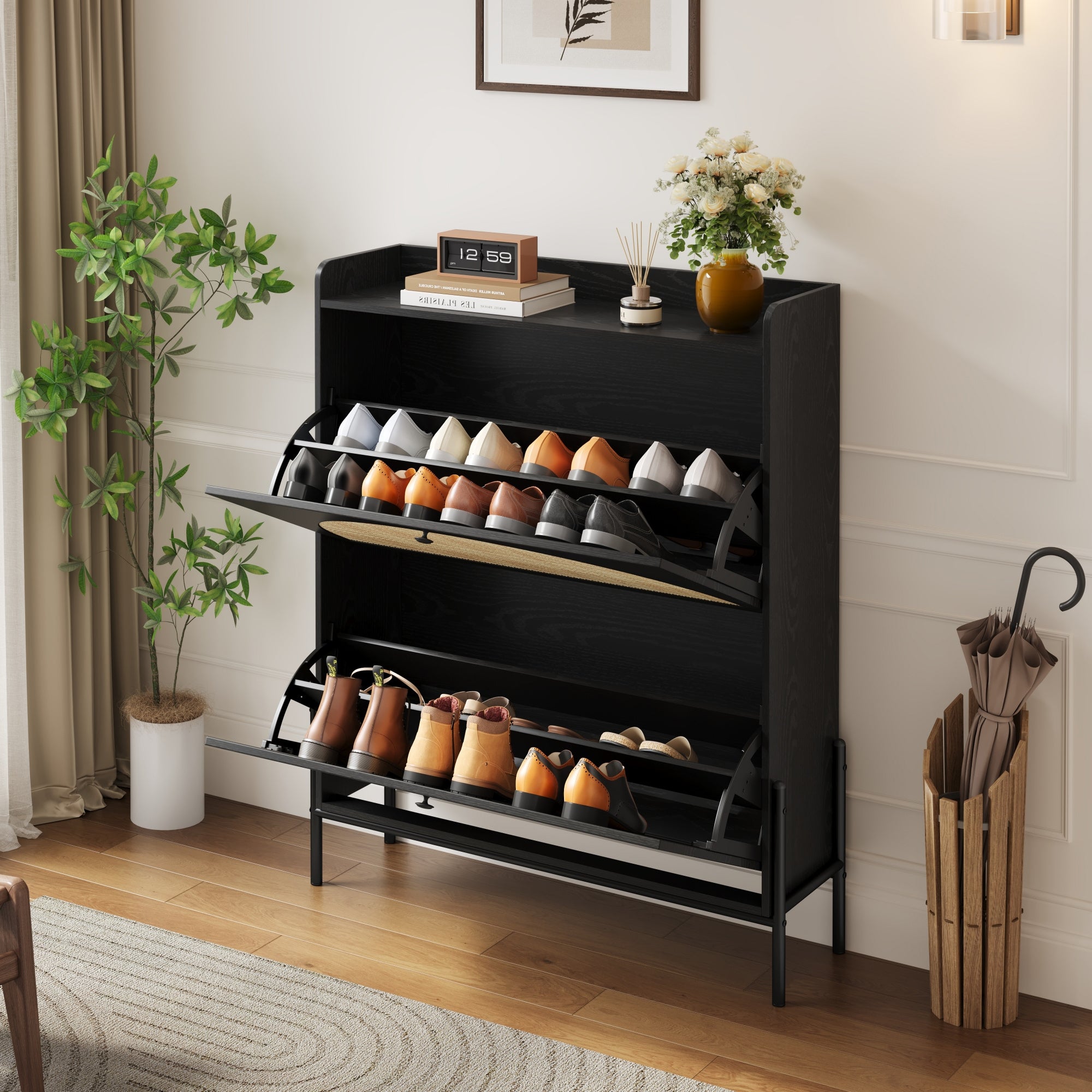 Narrow Shoe Cabinet for Entryway, Wooden Shoe Storage Organizer with 2 Flip Drawers & Rattan Doors, Free Standing Shoe Rack Cabinet for Hallway, Closet, Small Spaces