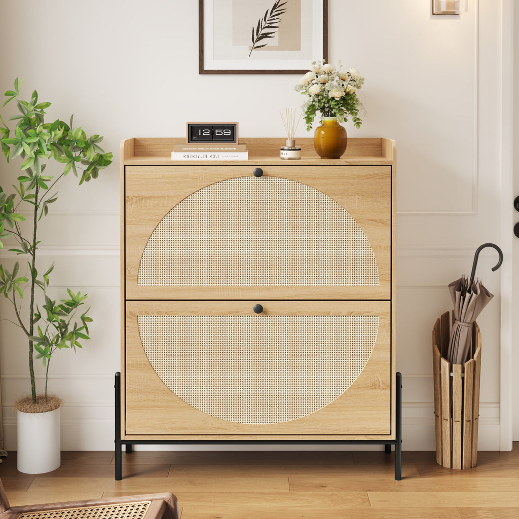 Narrow Shoe Cabinet for Entryway, Wooden Shoe Storage Organizer with 2 Flip Drawers & Rattan Doors, Free Standing Shoe Rack Cabinet for Hallway, Closet, Small Spaces