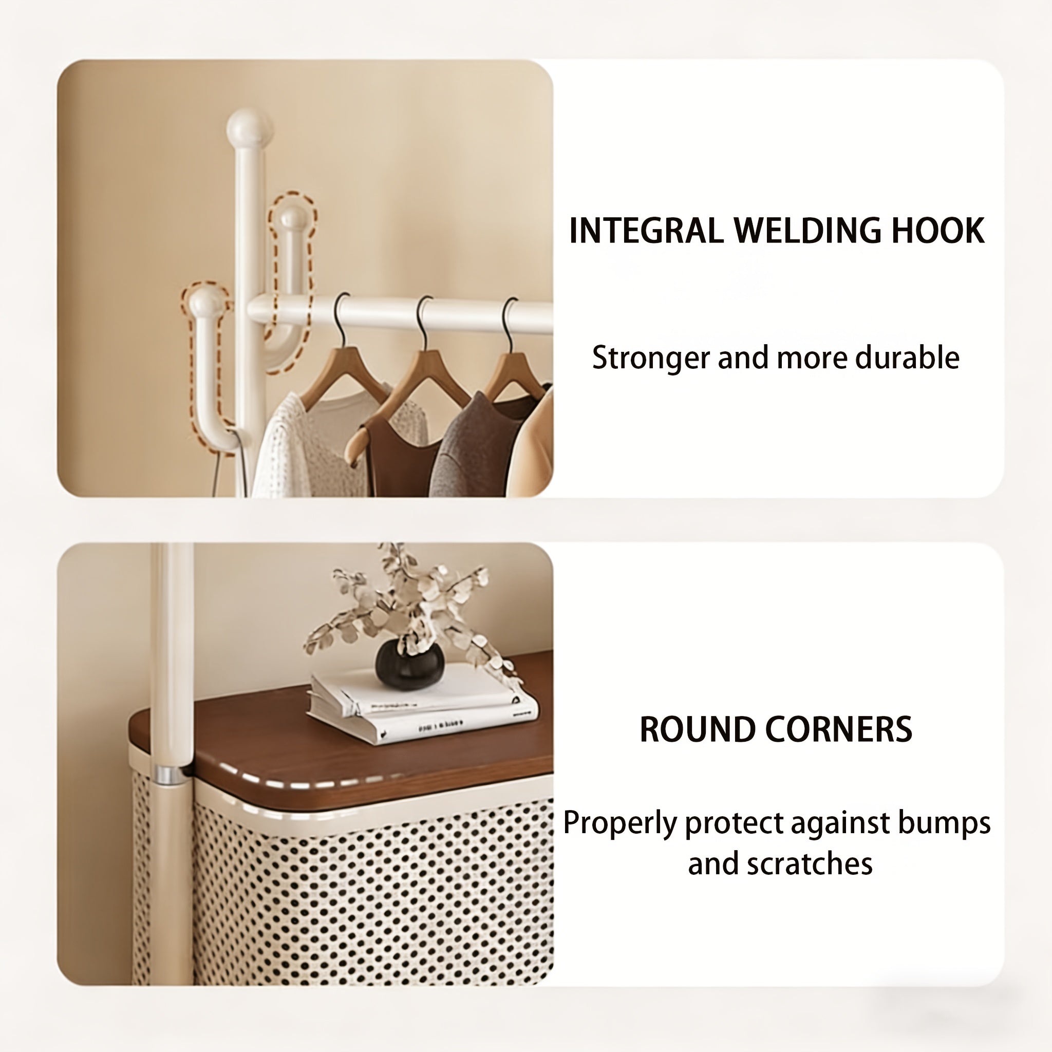 Mobile Coat Rack with Wheels & Bottom Storage Box - Creative Cactus Hook Hanger for Hats, Bags & Coats - Freestanding Rolling Garment Rack for Entryway, Bedroom & Small Spaces (Cream White)