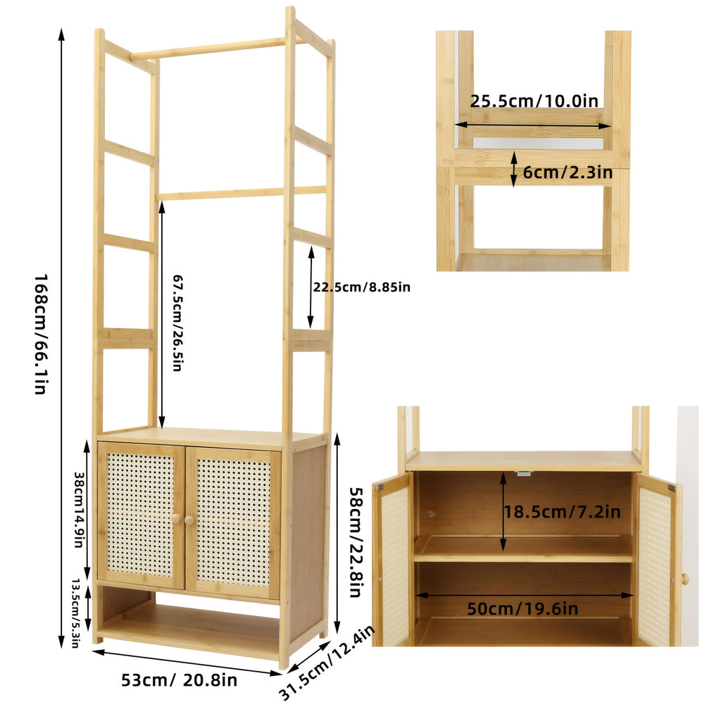 Aesome 66.1 Inch Garment Rack with Cabinet Bamboo Clothes Rack, Clothes Rack Hanging, Wardrobe Closet for Entryway Bedroom
