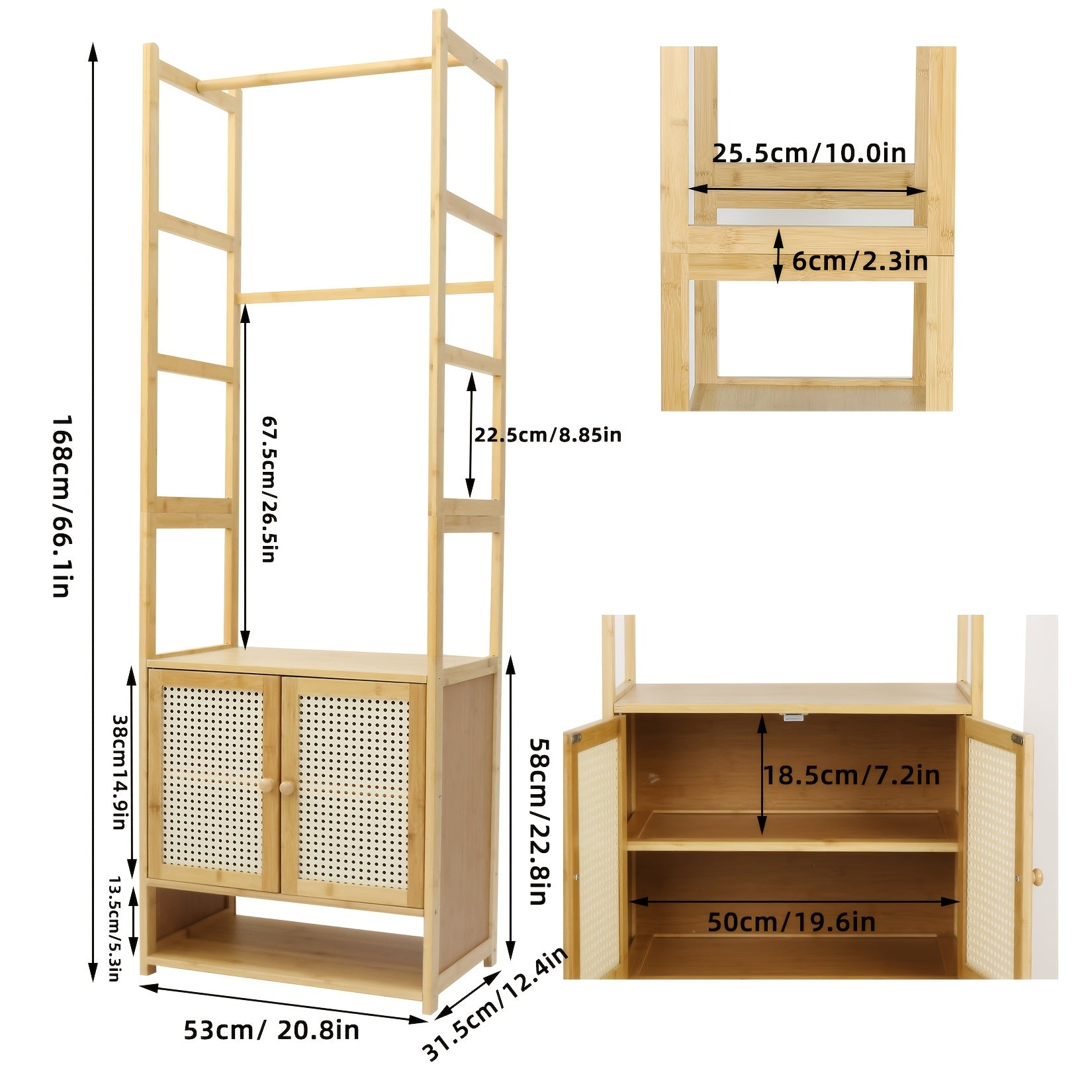 Aesome 66.1 Inch Garment Rack with Cabinet Bamboo Clothes Rack, Clothes Rack Hanging, Wardrobe Closet for Entryway Bedroom
