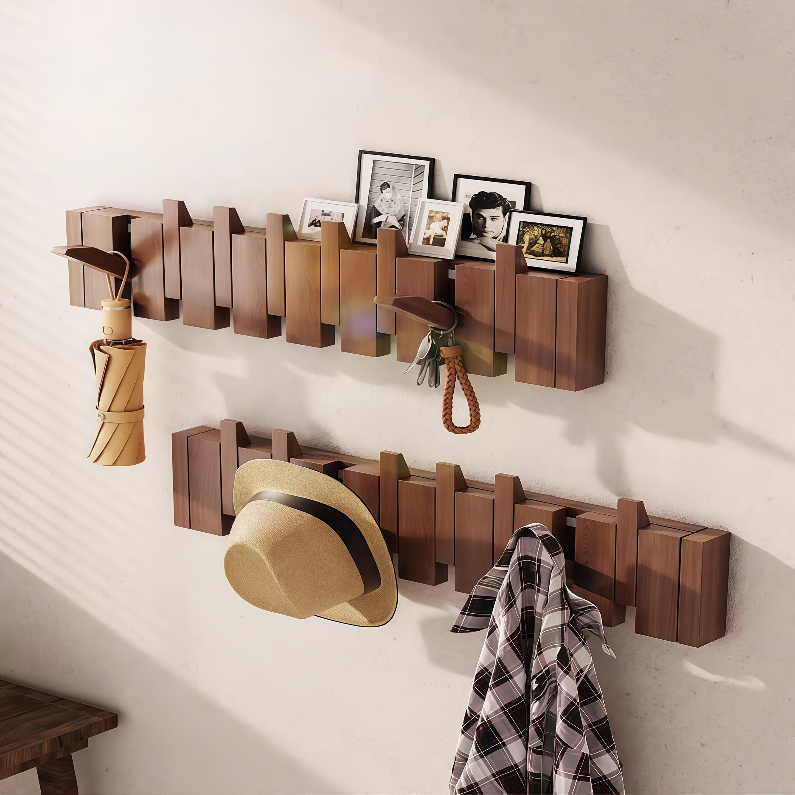 1pc Natural Wood Wall-Mounted Coat Rack with 10 Hooks - Piano-Shaped Accordion Design, Walnut Finish, Space-Saving Vertical Storage for Entryway, Bedroom, Bathroom - Easy Assembly, No Batteries\u002FElectricity, Durable Multi-Purpose Organizer for...
