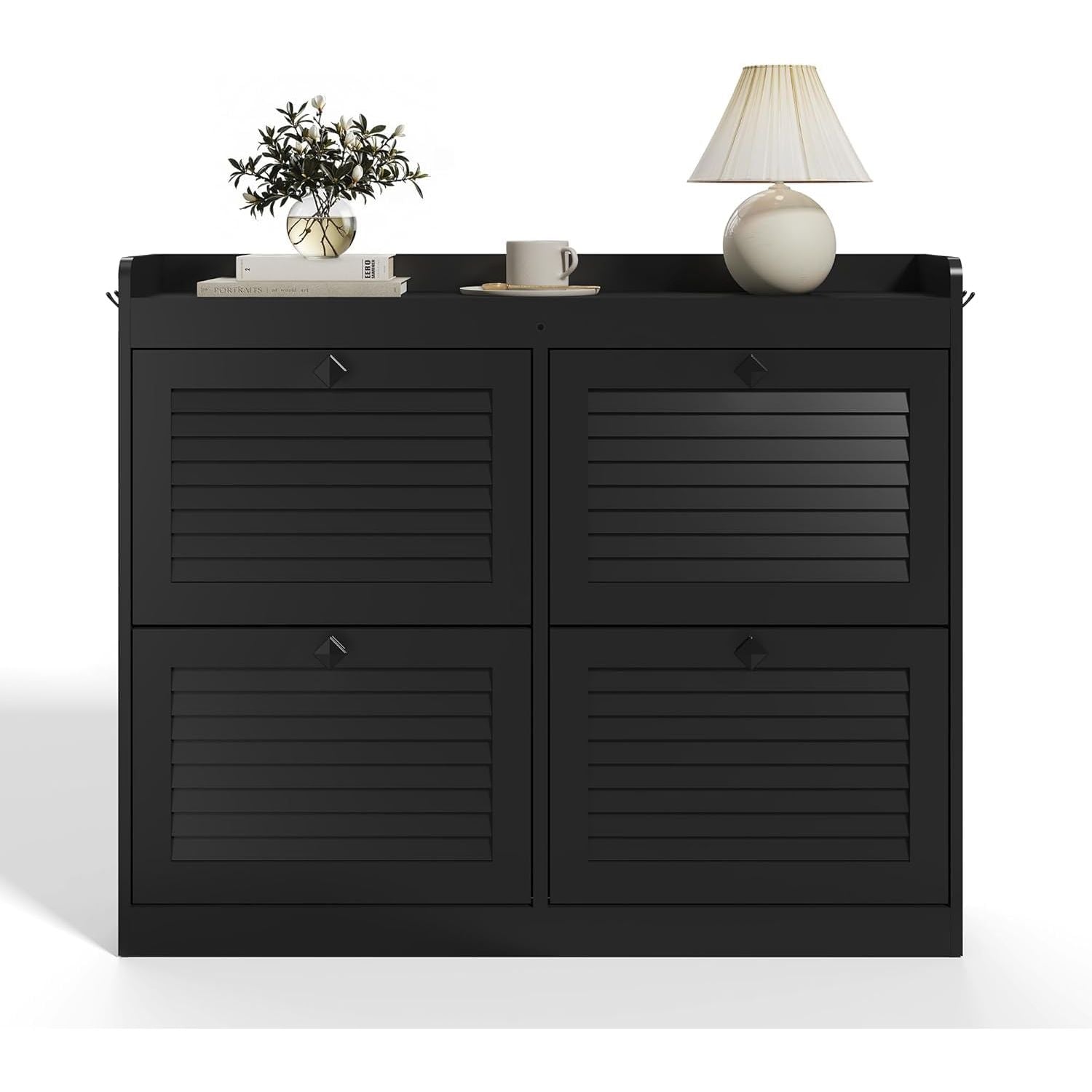 Modern Slim Shoe Cabinet with 4-Shutter Door & Adjustable Shelves - Space-Saving Shoe Rack Suitable for Apartment, Living Room - Durable Frame & PVC Blister Doors, Assembly, Holds Pairs of Shoes - Entryway Storage Organizer