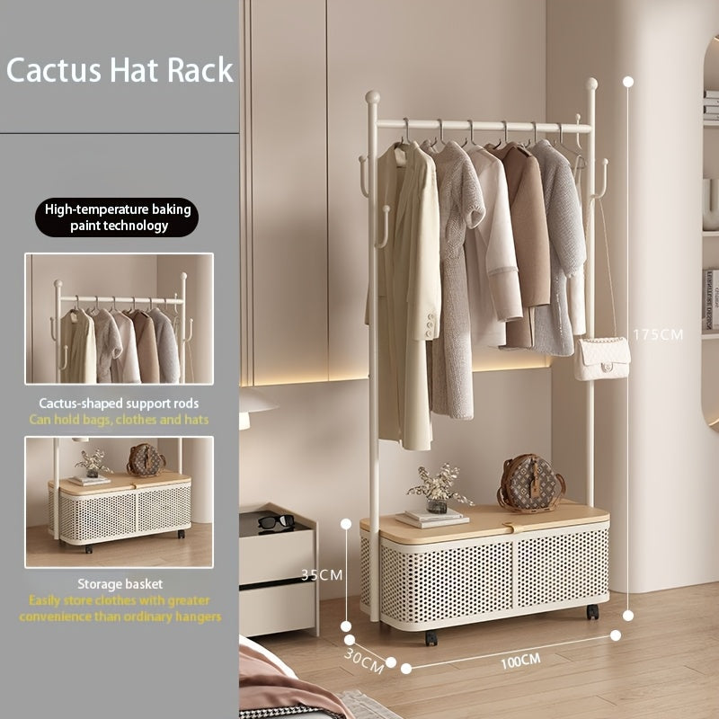 Mobile Coat Rack with Wheels & Bottom Storage Box - Creative Cactus Hook Hanger for Hats, Bags & Coats - Freestanding Rolling Garment Rack for Entryway, Bedroom & Small Spaces (Cream White)