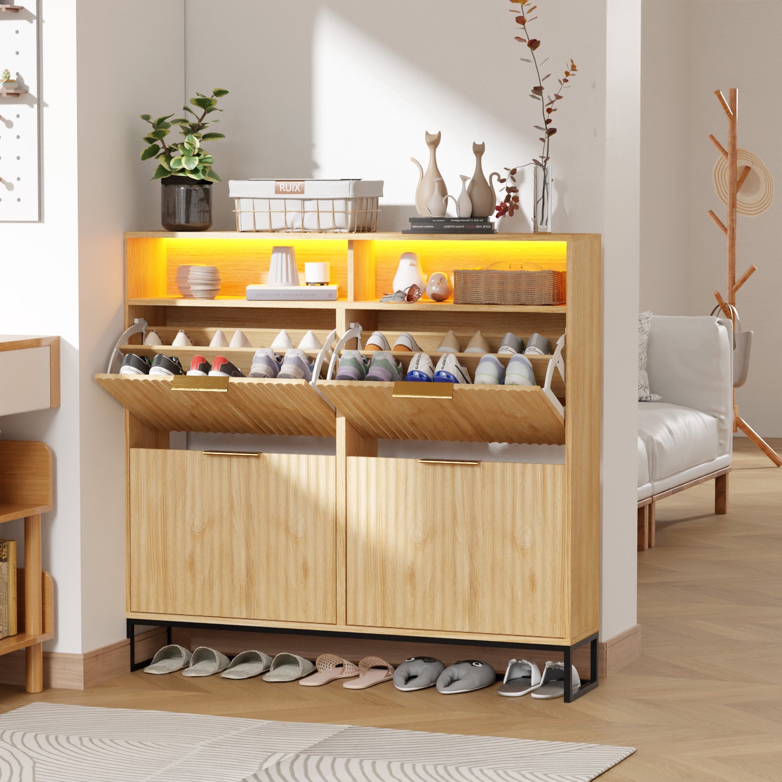 Shoe Cabinet Featuring 4 Flip Drawers, a Standalone Shoe Organizer Equipped with an Adjustable Shelf And an Anti-Tipping Mechanism, Concealed Shoe Rack Suitable for Entryways, Hallways, Foyers, And Lounges