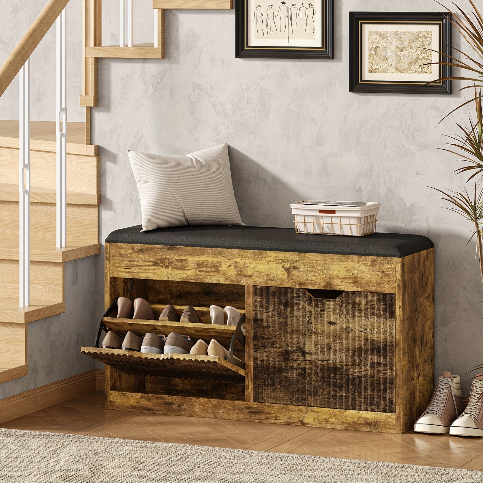 3-Tier Flip-Top Shoe Storage Organizer Bench with Faux Leather Cushion Seat - Modern Entryway Furniture with Slatted Design & Shoe Compartments, Hardwood MDF Construction for Hallway, Living Room, Apartment, Durable Mdf Build, Shoe Rack