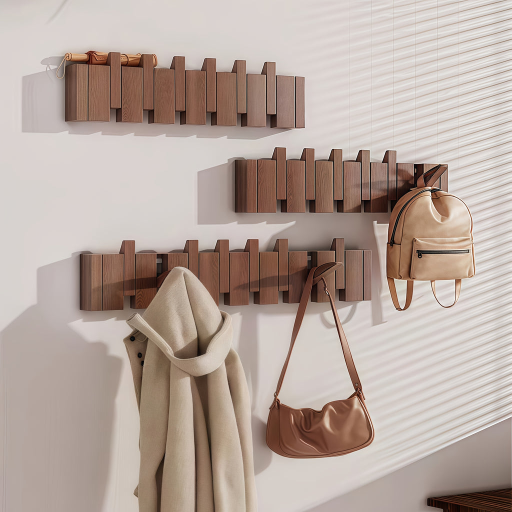 1pc Natural Wood Wall-Mounted Coat Rack with 10 Hooks - Piano-Shaped Accordion Design, Walnut Finish, Space-Saving Vertical Storage for Entryway, Bedroom, Bathroom - Easy Assembly, No Batteries\u002FElectricity, Durable Multi-Purpose Organizer for...