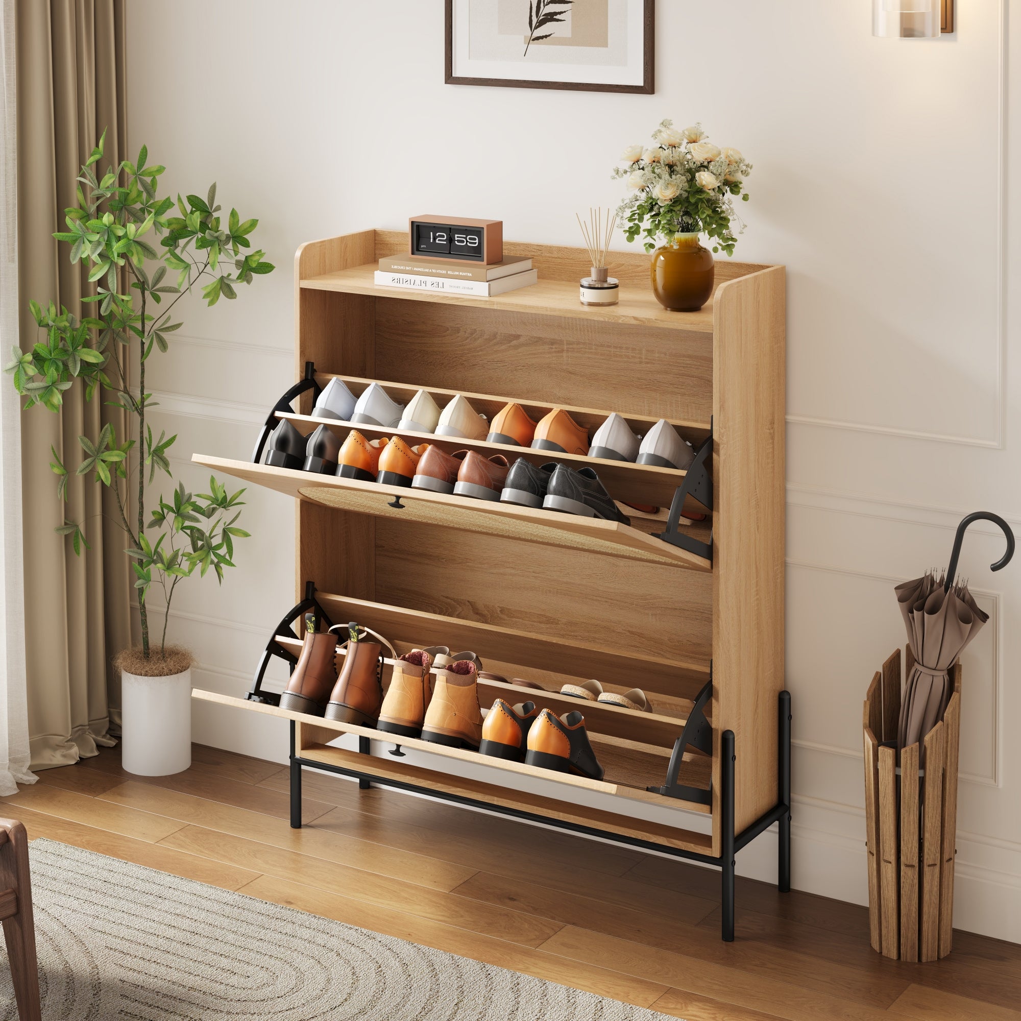 Narrow Shoe Cabinet for Entryway, Wooden Shoe Storage Organizer with 2 Flip Drawers & Rattan Doors, Free Standing Shoe Rack Cabinet for Hallway, Closet, Small Spaces