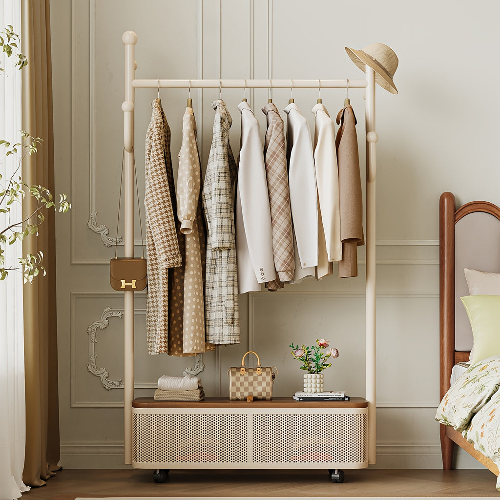 Mobile Coat Rack with Wheels & Bottom Storage Box - Creative Cactus Hook Hanger for Hats, Bags & Coats - Freestanding Rolling Garment Rack for Entryway, Bedroom & Small Spaces (Cream White)