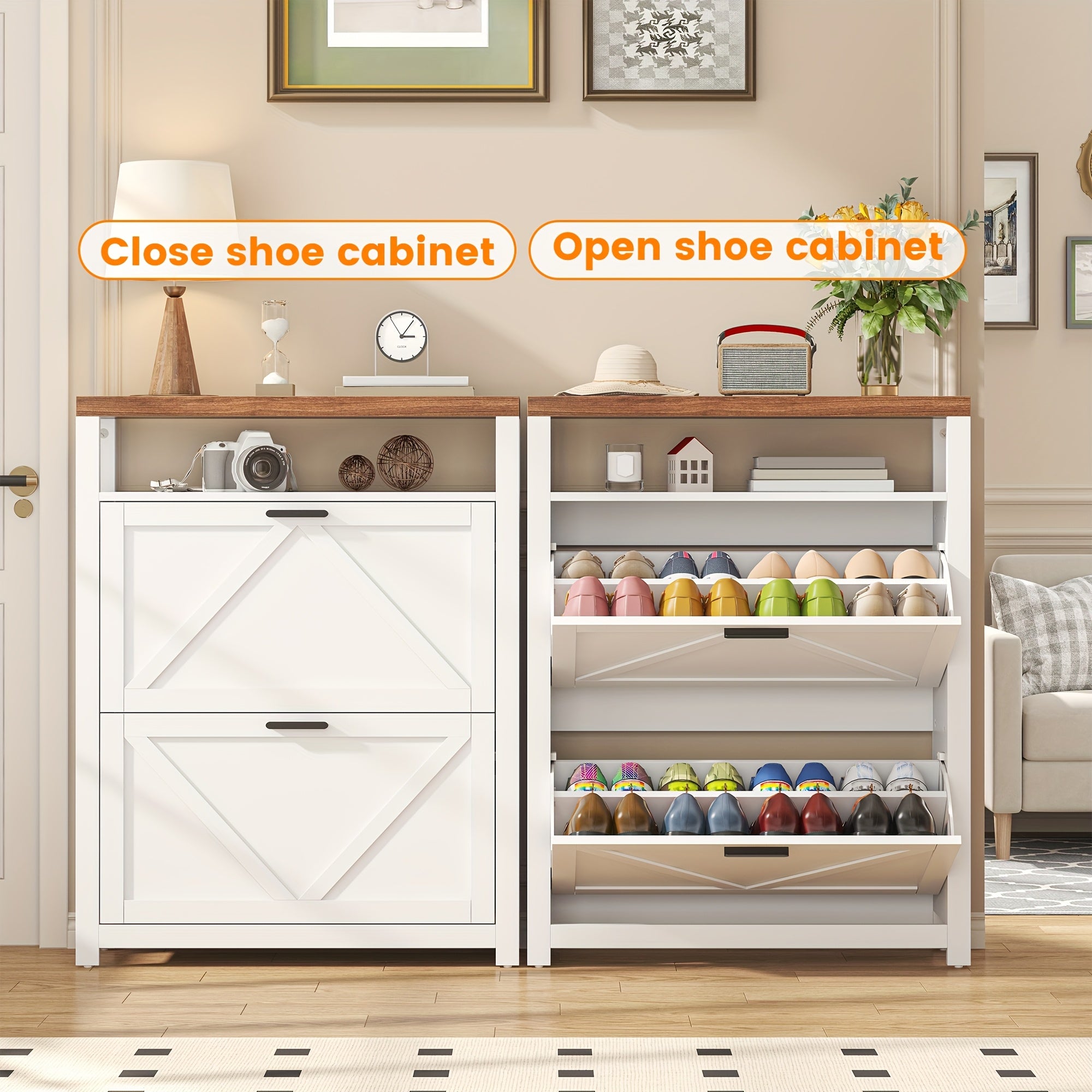 Shoe Cabinet with 2 Flip Drawers, Freestanding Shoe Cabinet Organizer with Metal Legs, Shoes Storage Cabinet for Entryway, Narrow Shoe Rack Cabinet, White
