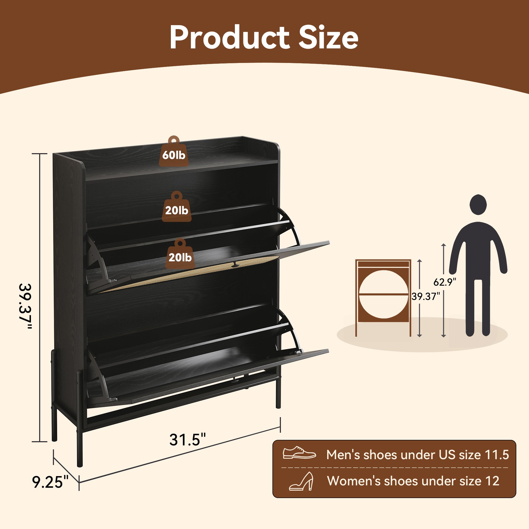 Narrow Shoe Cabinet for Entryway, Wooden Shoe Storage Organizer with 2 Flip Drawers & Rattan Doors, Free Standing Shoe Rack Cabinet for Hallway, Closet, Small Spaces
