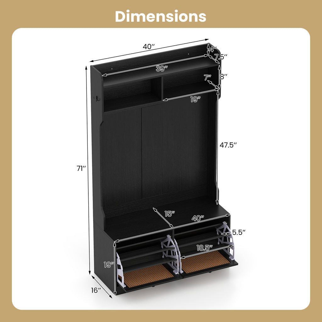 COSTWAY 4-In-1 Hall Tree, Entryway Bench with Coat Rack & Flip Drawers, Farmhouse Storage Organizer with 6 Dual-Hook Hangers & PE Rattan Doors, Ideal for Entryway Living Room Mudroom