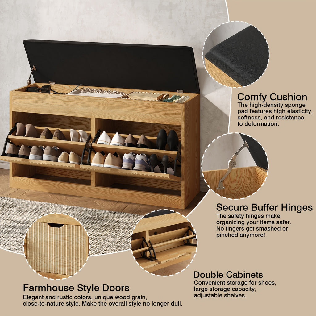 3-Tier Flip-Top Shoe Storage Organizer Bench with Faux Leather Cushion Seat - Modern Entryway Furniture with Slatted Design & Shoe Compartments, Hardwood MDF Construction for Hallway, Living Room, Apartment, Durable Mdf Build, Shoe Rack