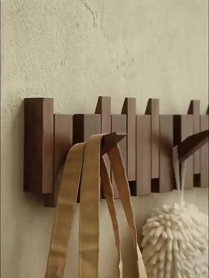 1pc Natural Wood Wall-Mounted Coat Rack with 10 Hooks - Piano-Shaped Accordion Design, Walnut Finish, Space-Saving Vertical Storage for Entryway, Bedroom, Bathroom - Easy Assembly, No Batteries\u002FElectricity, Durable Multi-Purpose Organizer for...