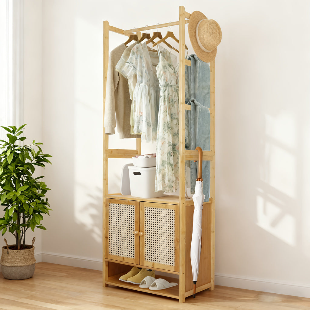 Aesome 66.1 Inch Garment Rack with Cabinet Bamboo Clothes Rack, Clothes Rack Hanging, Wardrobe Closet for Entryway Bedroom